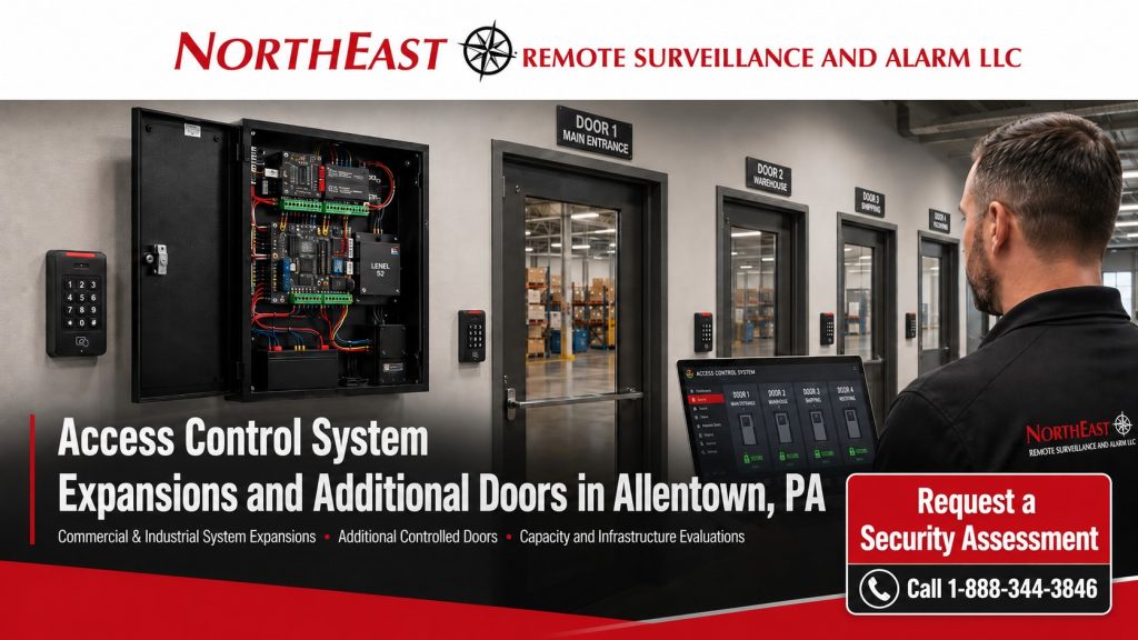 Access control system expansions and additional doors in Allentown, PA showing a technician adding a card reader, controller capacity, electrified door hardware, and new controlled openings to an existing commercial system with Northeast Remote Surveillance and Alarm branding.