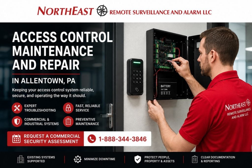 Access control maintenance and repair in Allentown, PA, with a NERSA technician in a red shirt servicing a commercial access control panel beside a card reader.
