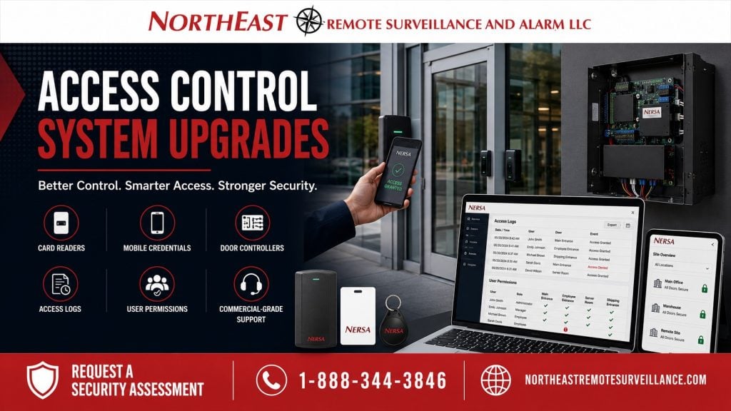 Access control door hardware retrofits by Northeast Remote Surveillance and Alarm, LLC showing commercial entry doors, card readers, electric strikes, electrified locks, exit device trim, request-to-exit devices, door contacts, power supplies, and commercial-grade access control support.