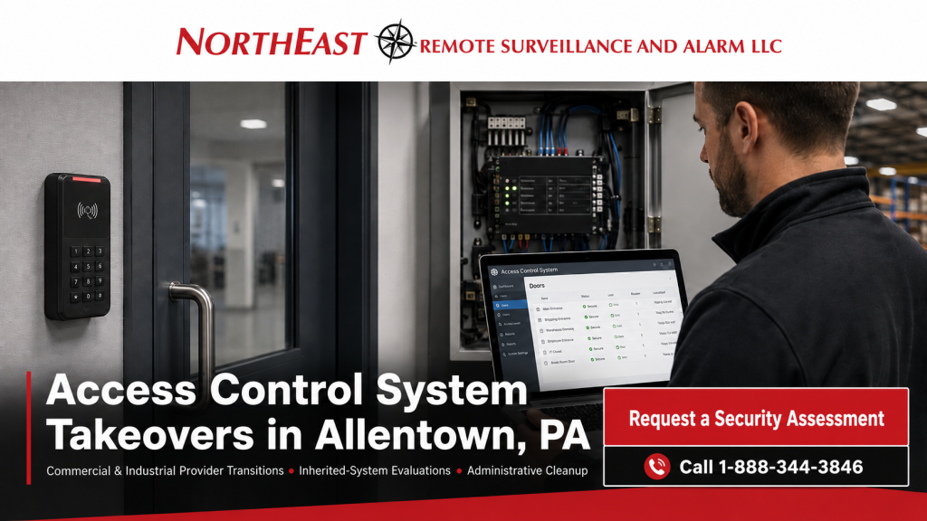 Access control system takeovers in Allentown, PA showing an existing commercial access control panel, card reader, controlled door, system software, credential review, and Northeast Remote Surveillance and Alarm branding.