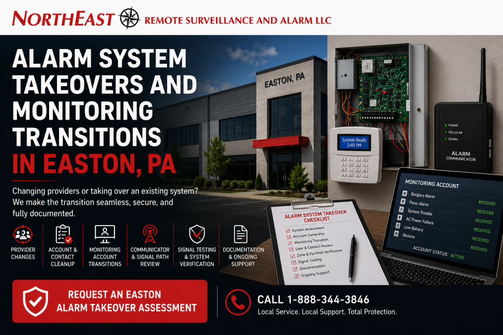 Alarm system takeovers and monitoring transitions in Easton, PA showing an existing commercial alarm panel, cellular communicator, monitoring account review, user and zone documentation, signal testing, and Northeast Remote Surveillance and Alarm branding.