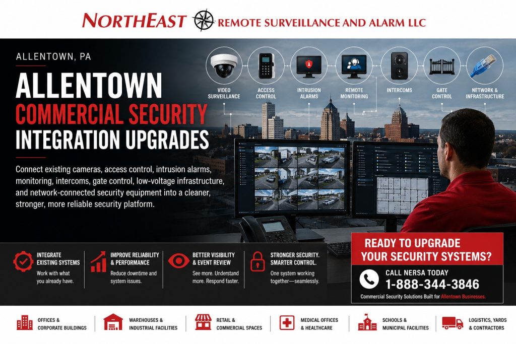 Allentown Commercial Security Integration Upgrades NERSA NERSA Allentown commercial security systems integration upgrade hero showing cameras, access control, alarms, monitoring, intercoms, gate control, and network infrastructure.