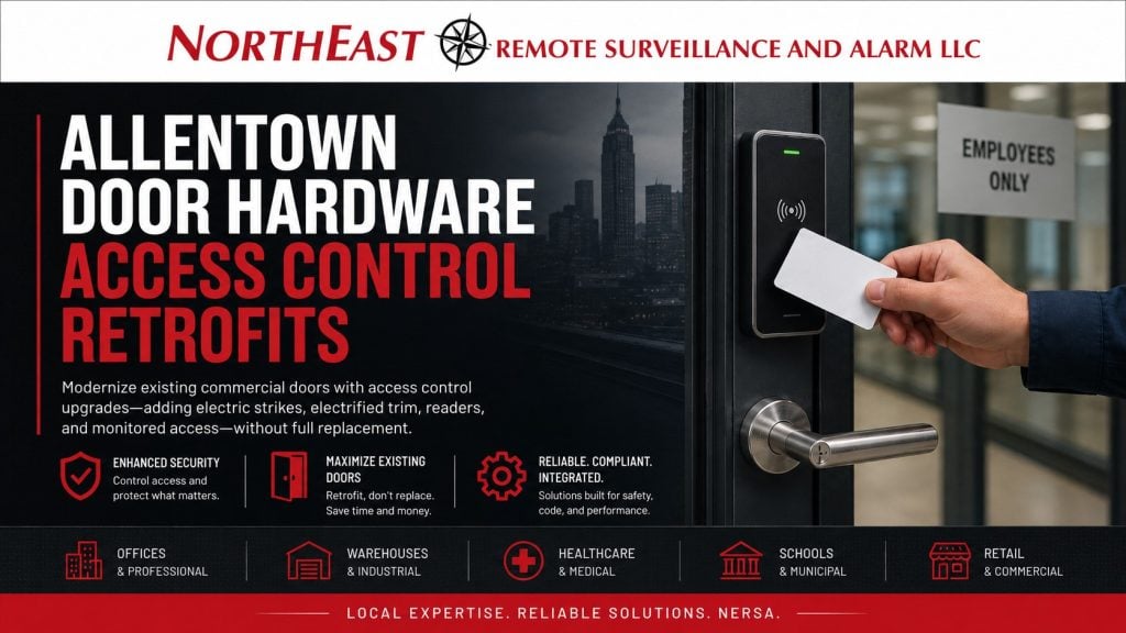 Allentown Door Hardware and Access Control Retrofits NERSA Allentown door hardware access control retrofit with NERSA logo, card reader, commercial door hardware, and controlled entry graphic.