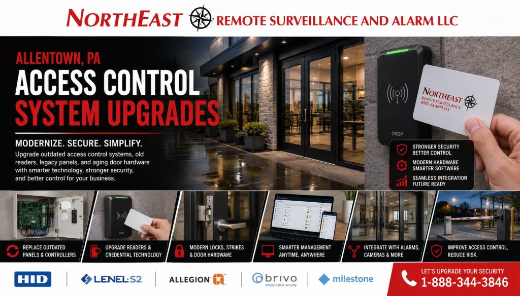 Commercial access control upgrade and retrofit in Allentown, PA with card reader, electrified door hardware and access control panel.