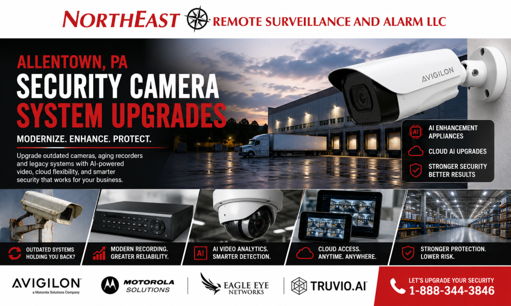 Allentown, PA security camera system upgrades by Northeast Remote Surveillance and Alarm, LLC showing outdated camera replacement, modern recording, AI video analytics, cloud AI upgrades, warehouse surveillance, and commercial security modernization.