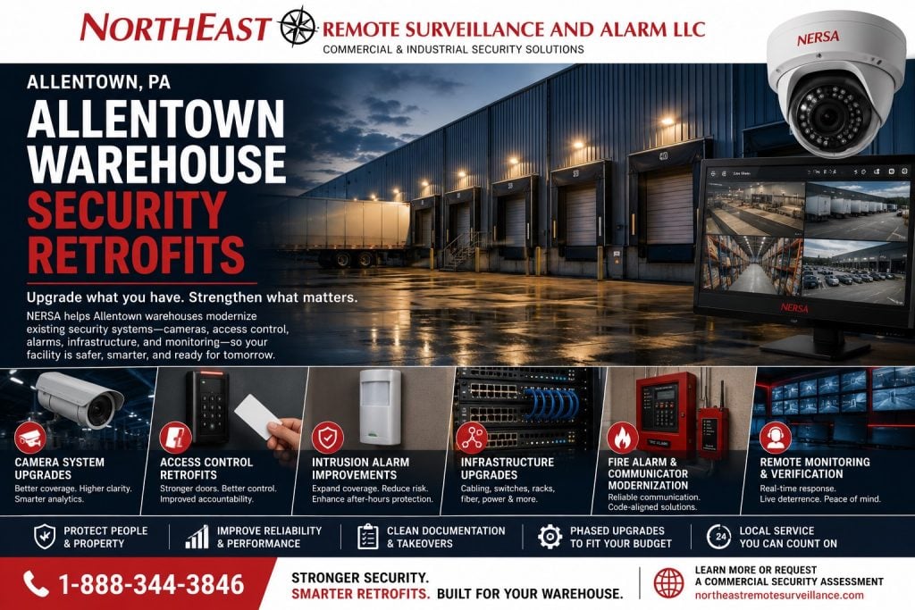 Allentown warehouse security retrofits with NERSA logo, loading dock cameras, access control, intrusion alarm improvements, infrastructure upgrades, fire alarm communicator modernization, and remote monitoring.