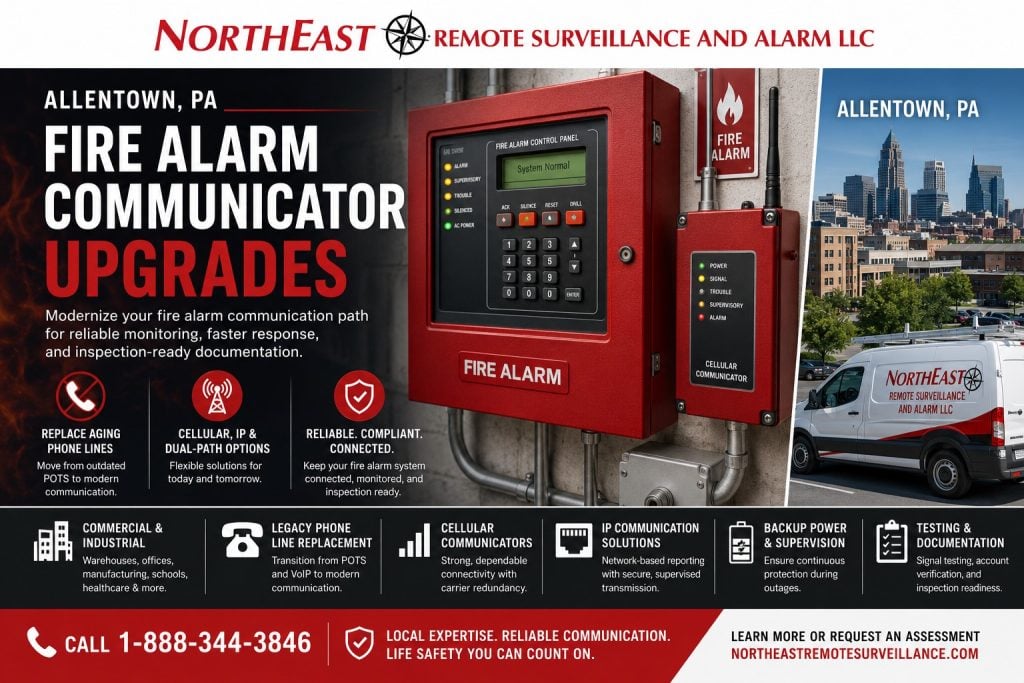 Allentown PA Fire Alarm Communicator Upgrades NERSA Allentown fire alarm communicator upgrades with NERSA logo, fire alarm control panel, cellular communicator, phone line replacement, IP communication, backup power, testing, and commercial monitoring support.