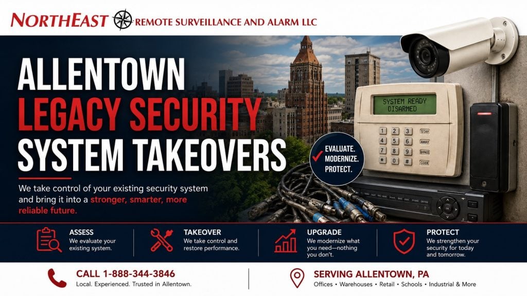 Allentown PA Legacy Security System Takeovers NERSA Allentown Legacy Security System Takeovers by Northeast Remote Surveillance and Alarm, LLC showing an older alarm keypad, security camera, card reader, recorder, cabling, and Allentown city backdrop.