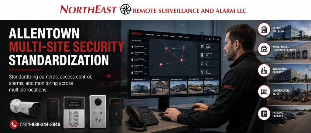 Allentown multi-site security standardization hero showing NERSA monitoring multiple commercial locations, including office buildings, warehouses, industrial facilities, contractor yards, parking areas, cameras, access control, alarms, and centralized security management.