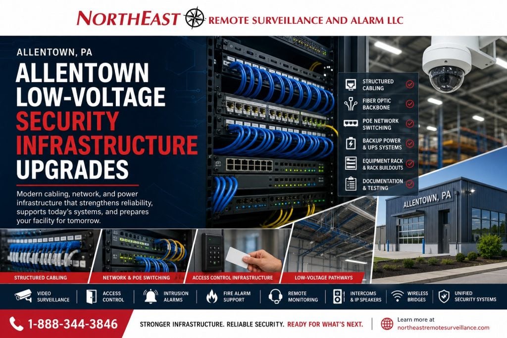 Allentown low-voltage security infrastructure upgrades with NERSA logo, structured cabling, PoE network rack, fiber backbone, access control, cameras, and commercial facility systems.