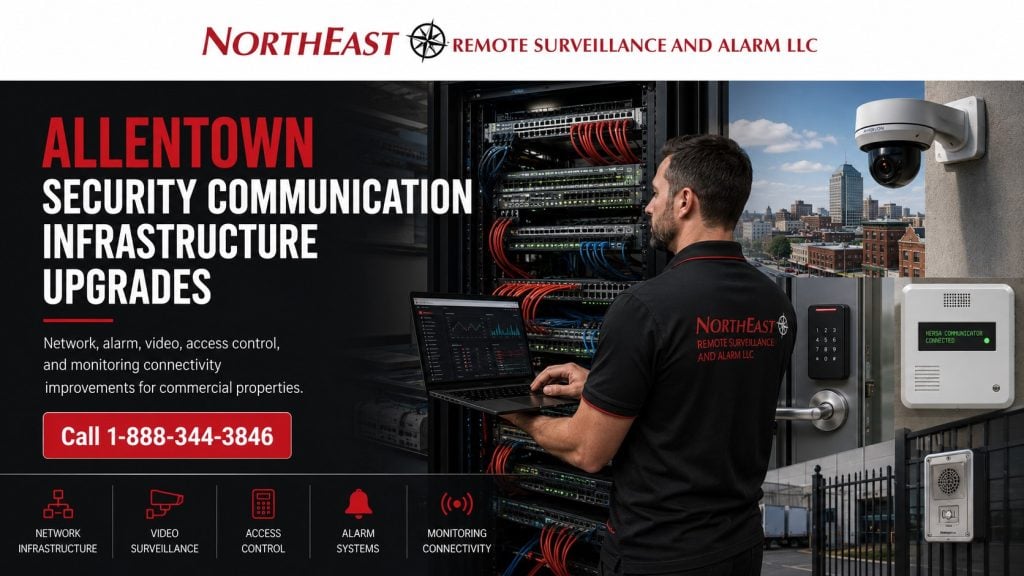 Allentown security communication infrastructure upgrades hero showing a NERSA technician, network rack, security camera, access control reader, alarm communicator, intercom, and monitoring connectivity for commercial properties.