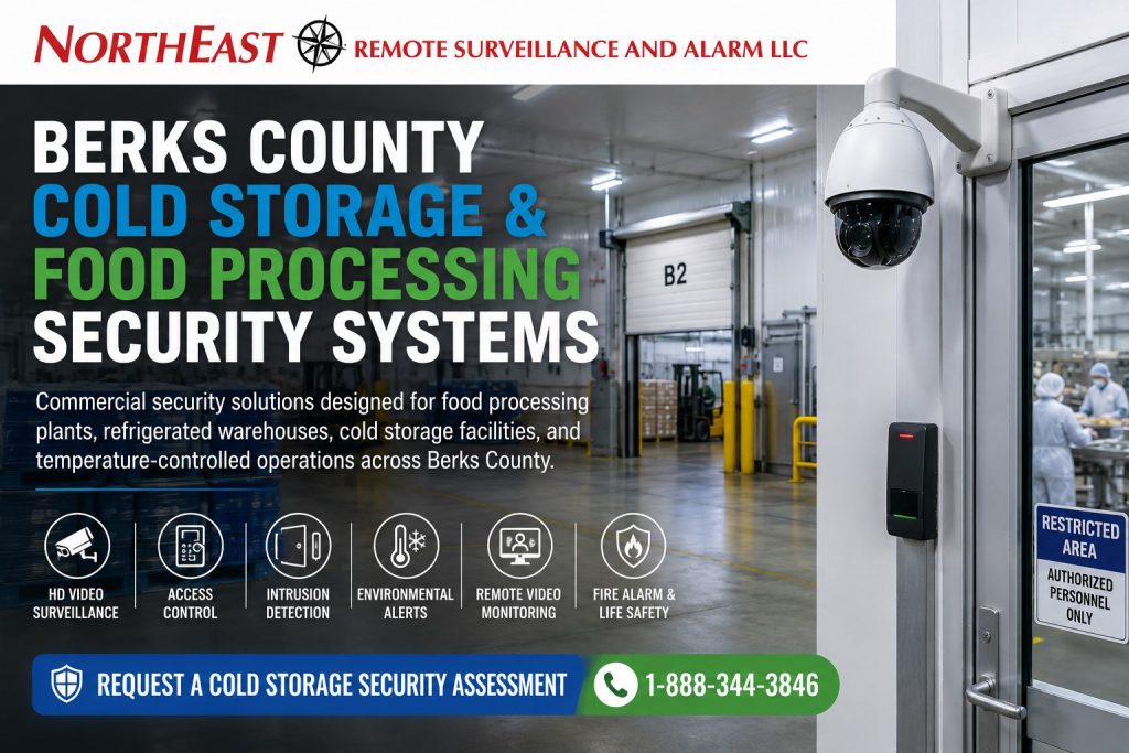 Berks County Cold Storge and Food Processig Security Systems NERSA Security camera and access-controlled door inside a Berks County cold-storage and food-processing facility.