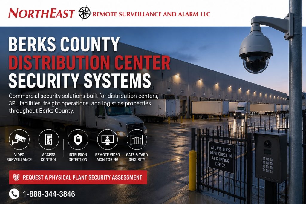 Berks County Ditribution Center Security Systems NERSA Berks County distribution center with loading docks, trucks, gated entry, intercom, and commercial security cameras.