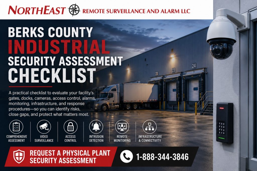 Berks County industrial facility with loading docks, truck, security camera, access-control reader, and physical plant security assessment checklist.