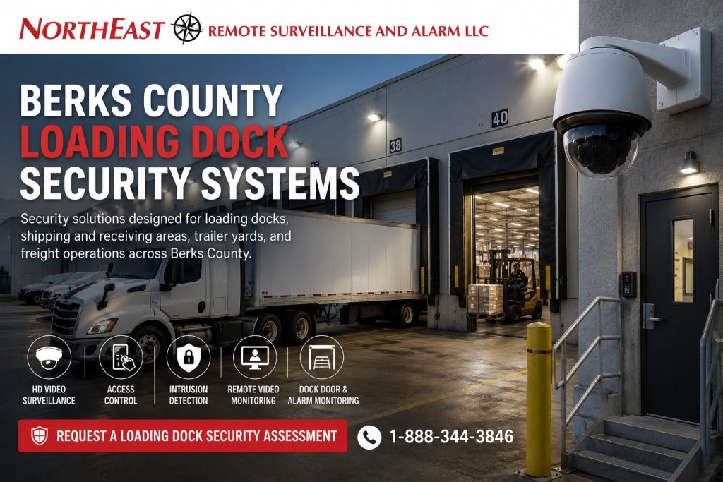 Berks County Loading Dock Security Systems NERSA Berks County loading dock with tractor-trailer, forklift, security camera, and access-controlled personnel door.