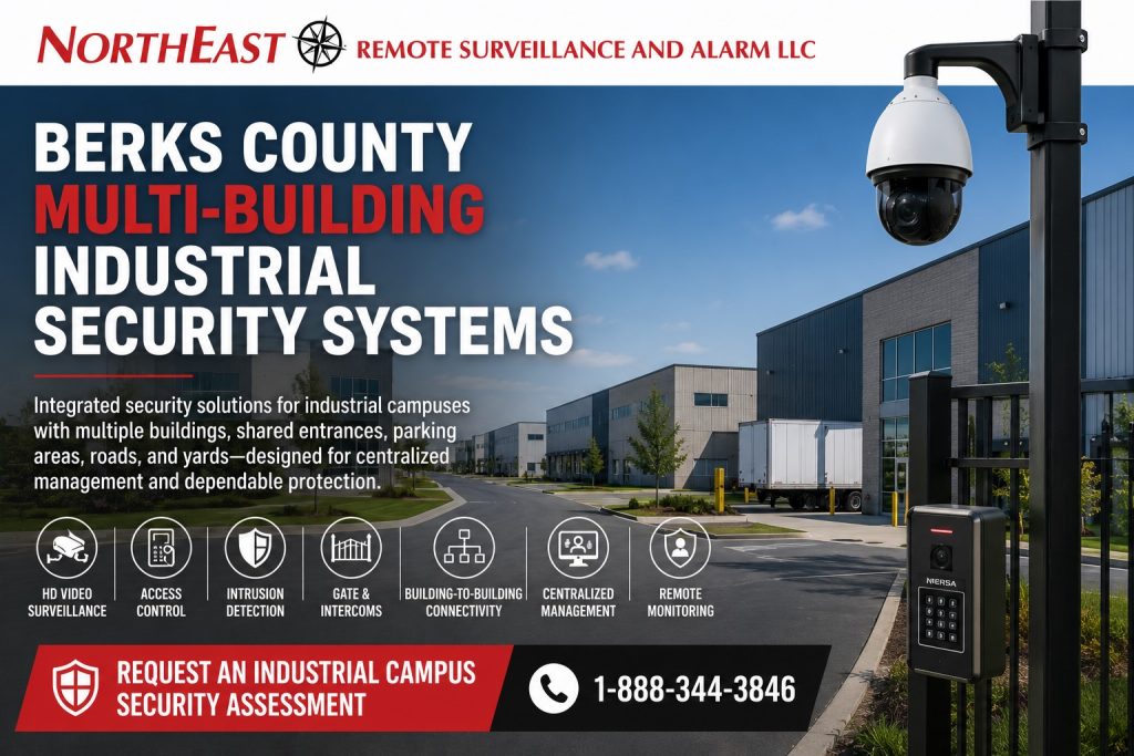 Berks County multi-building industrial campus with security camera, access-controlled gate, warehouses, internal roads, and loading areas.