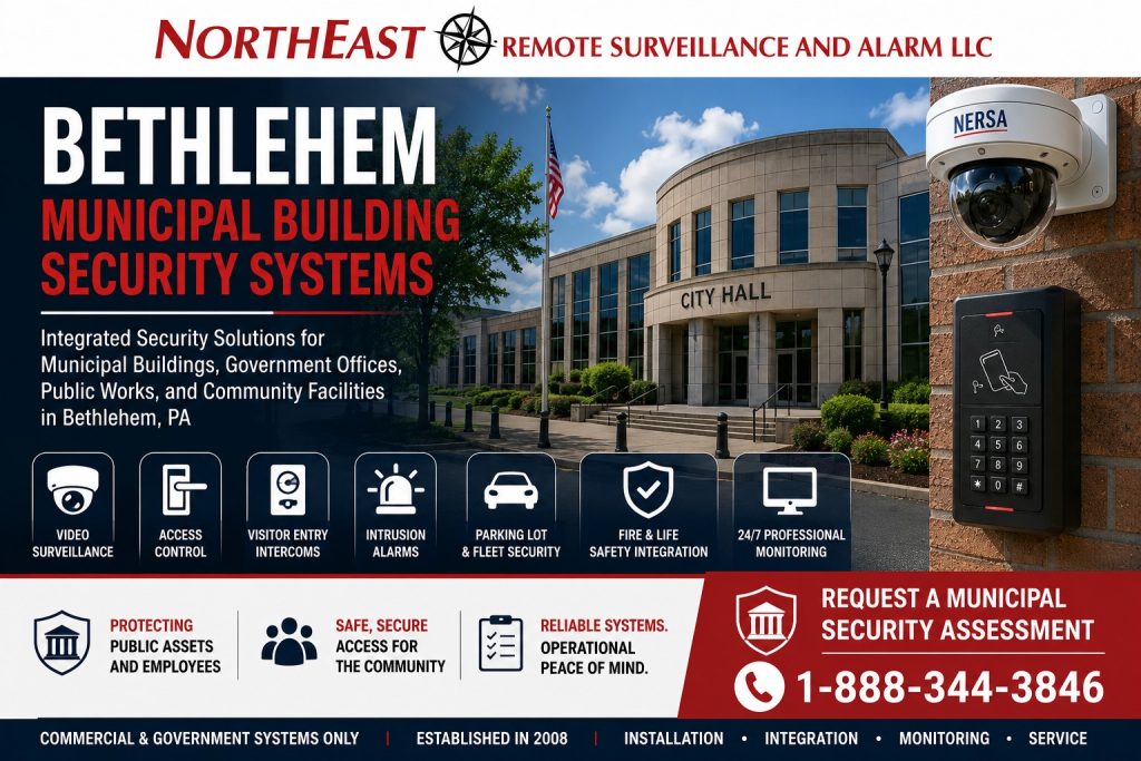 Bethlehem municipal building security systems featuring a city hall, commercial video surveillance, access control, visitor entry intercoms, intrusion alarms, parking lot and fleet security, fire and life-safety integration, and 24/7 professional monitoring by Northeast Remote Surveillance and Alarm, LLC.
