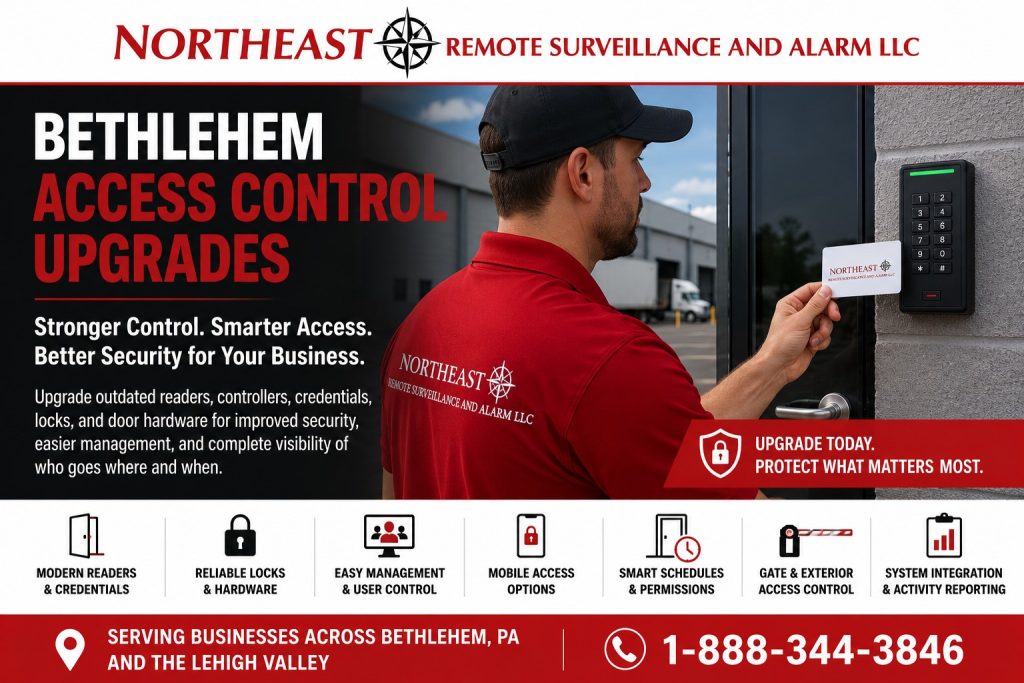 Bethlehem Access Control Upgrades NERSA Bethlehem access control upgrades hero showing a NERSA technician using a credential reader at a commercial facility, highlighting modern readers, reliable locks, mobile access, user permissions, gate access control, system integration, and activity reporting.