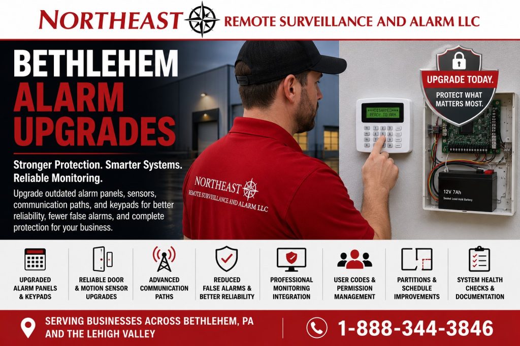 Bethlehem Alarm Upgrades NERSA Bethlehem alarm upgrades hero showing a NERSA technician upgrading a commercial alarm panel and keypad, with improved sensors, communication paths, monitoring integration, user codes, partitions, schedules, false alarm reduction, and system health checks