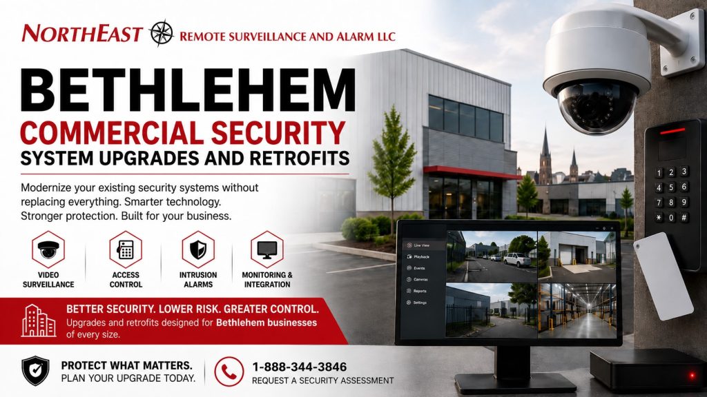 Bethlehem commercial security system upgrades and retrofits hero graphic by Northeast Remote Surveillance and Alarm, LLC showing the NERSA logo, commercial building, surveillance camera, access control keypad, monitoring display, intrusion alarm and security upgrade call-to-action.