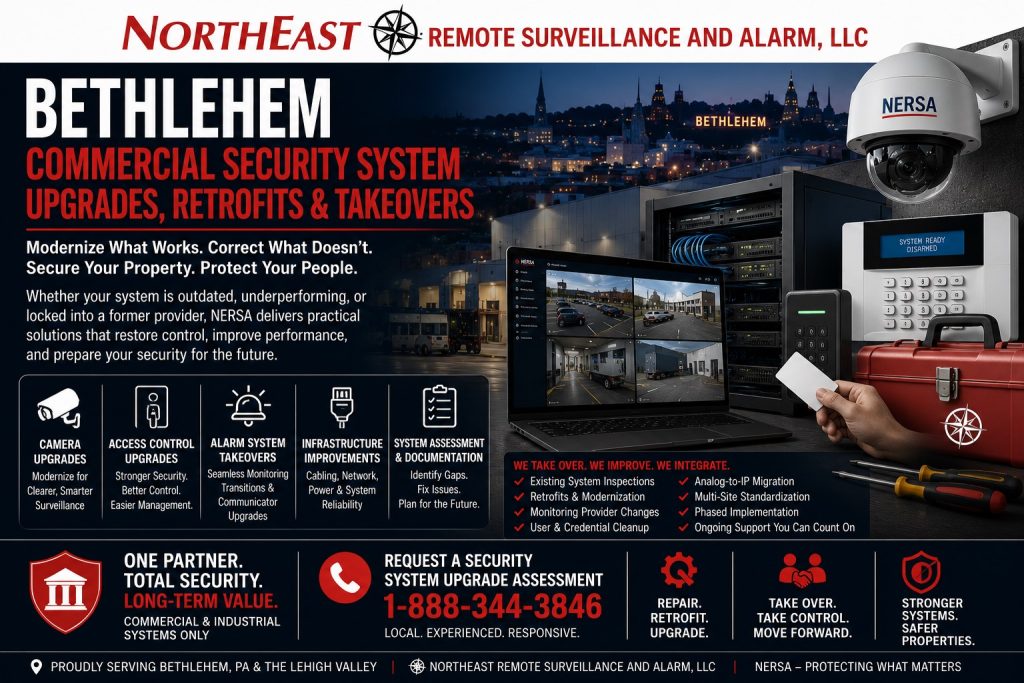 Bethlehem Commercial Security Upgrades, Retrofits and Takeovers NERSA Bethlehem commercial security system upgrades, retrofits, and takeovers featuring camera modernization, analog-to-IP migration, access-control upgrades, alarm and monitoring takeovers, communicator replacement, network corrections, documentation cleanup, and phased security integration by Northeast Remote Surveillance and Alarm, LLC.
