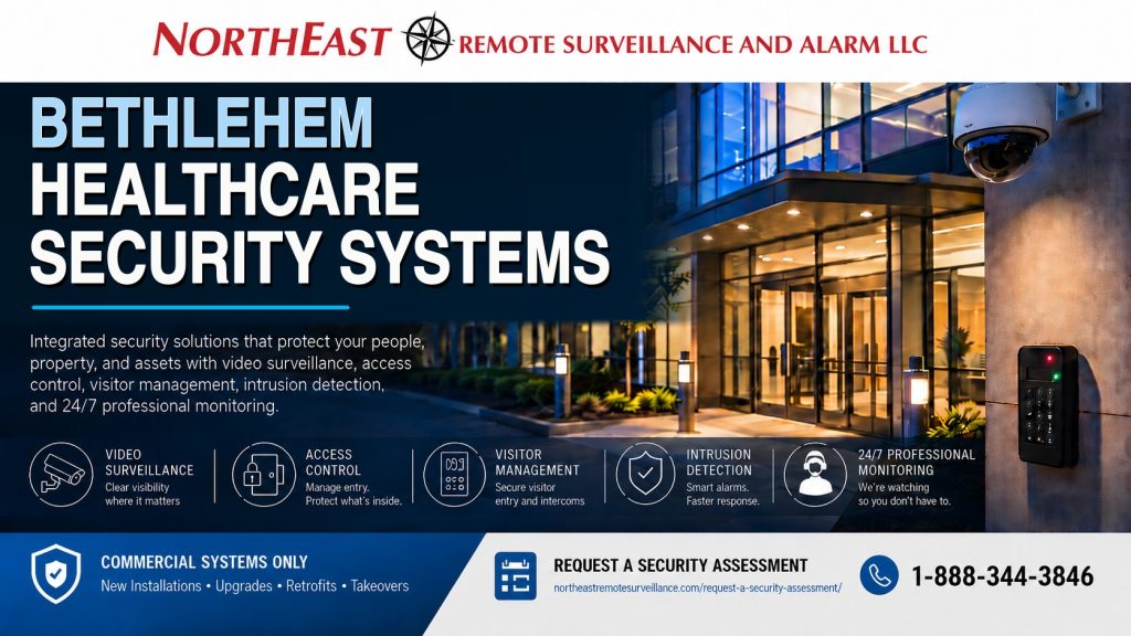 Bethlehem Healthcare Security Systems NERSA Modern Bethlehem healthcare facility protected by NERSA video surveillance, access control, intrusion detection, and 24/7 monitoring.
