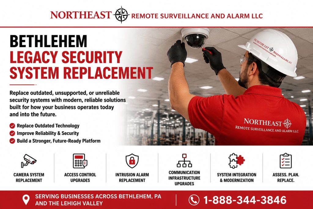 Bethlehem security system retrofits help businesses modernize existing commercial security platforms by upgrading outdated technology, improving reliability, correcting system limitations, and extending the useful life of cameras, access control, intrusion alarms, monitoring, communication infrastructure, and low-voltage security components while reducing unnecessary replacement costs.