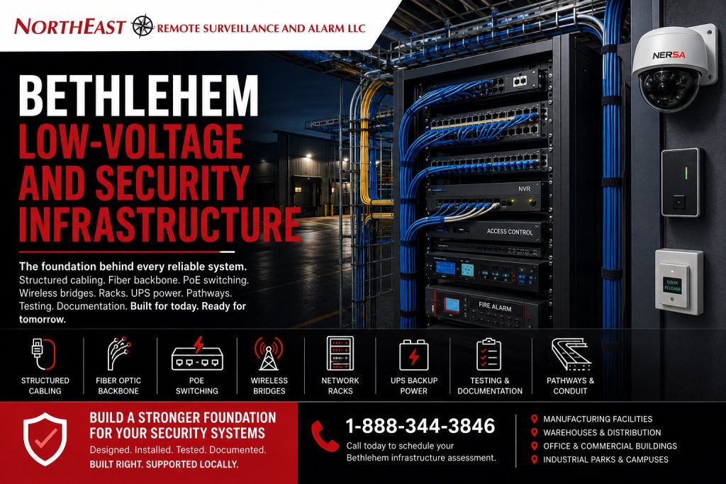 Bethlehem PA Low Voltage and Security Infrastructure NERSA Low-voltage security infrastructure for a Bethlehem commercial facility with structured cabling, fiber, PoE switches, network racks, and backup power.