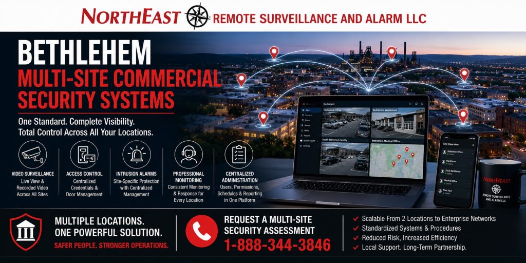 Bethlehem multi-site commercial security systems featuring centralized video surveillance, access control, intrusion alarms, professional monitoring, user permissions, standardized credentials, system-health monitoring, and security administration across multiple business locations.