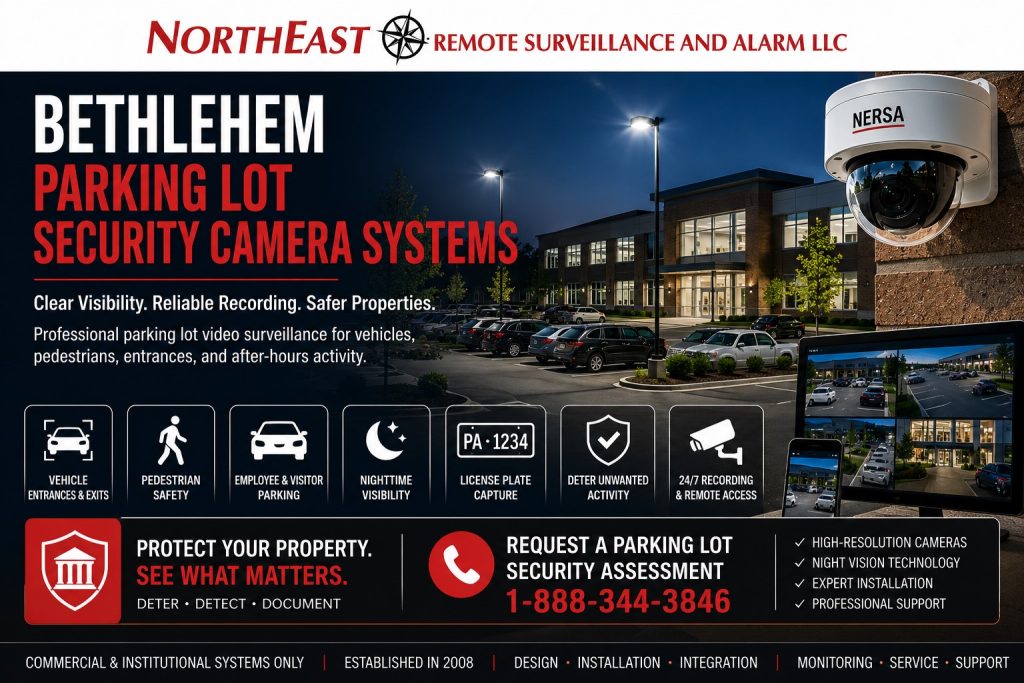 Bethlehem Parking Lot Security Cameras NERSA Bethlehem parking lot security camera systems monitoring employee and visitor parking, vehicle entrances, pedestrian routes, building approaches, nighttime activity, license plates, and commercial properties for Northeast Remote Surveillance and Alarm, LLC.