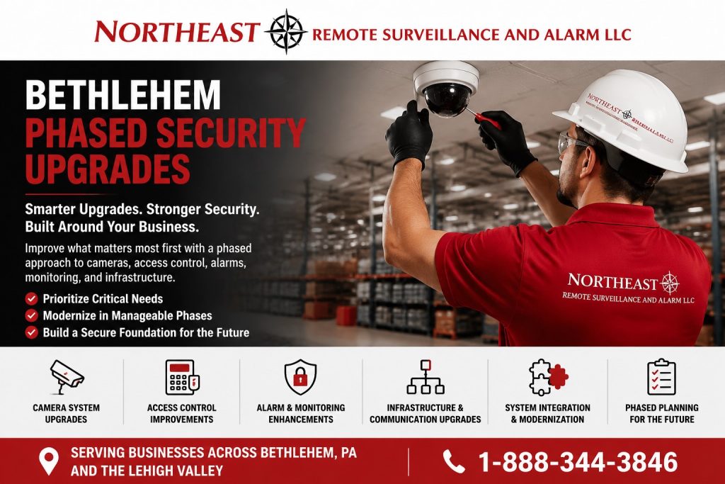 Bethlehem phased security upgrades hero showing NERSA modernizing existing commercial security systems with camera upgrades, access control improvements, alarm and monitoring enhancements, communication infrastructure upgrades, and planned security modernization for businesses.