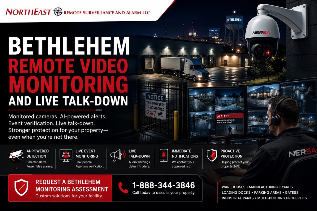 Bethlehem Remote Video Monitoring and Live Talk Down NERSA Remote video monitoring and live talk-down protecting a Bethlehem warehouse, loading dock, parking area, and gated industrial property.