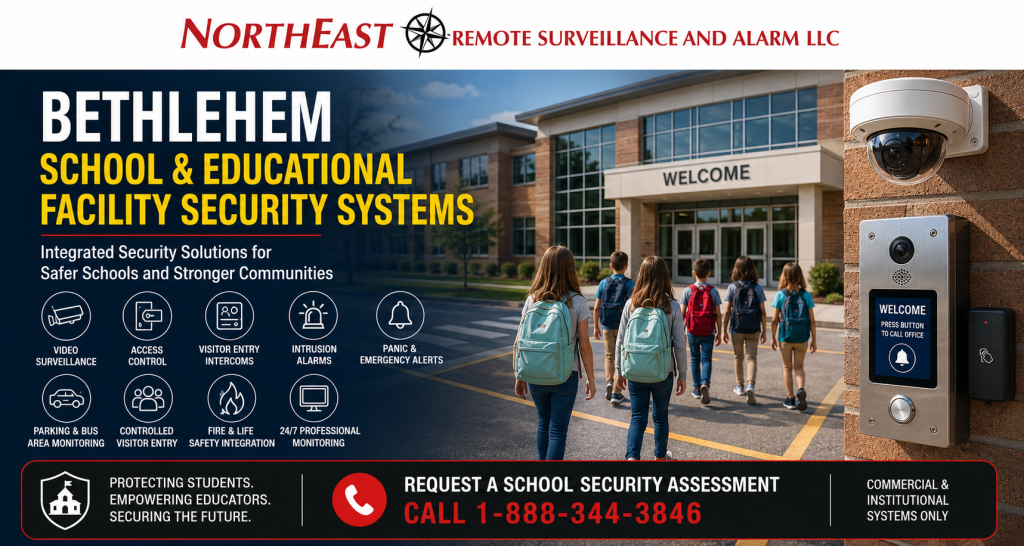 Bethlehem School and Education Security Systems NERSA Bethlehem School and Educational Facility Security Systems by Northeast Remote Surveillance and Alarm, LLC featuring a modern Bethlehem school campus with commercial video surveillance, access control, visitor entry intercom, intrusion alarms, emergency notification systems, parking lot monitoring, fire and life safety integration, and professional security monitoring.