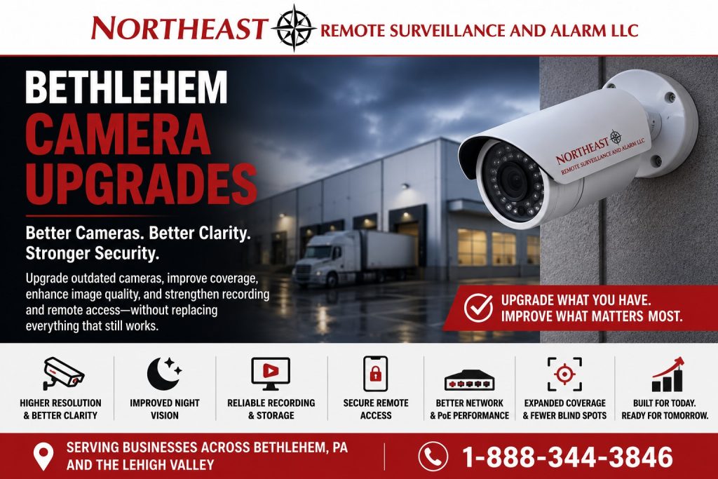 Bethlehem Security Camera Upgrades NERSA Bethlehem camera upgrades hero showing a NERSA commercial security camera upgrade for a warehouse or logistics facility, with improved video clarity, night vision, recording reliability, remote access, network performance, and expanded camera coverage.
