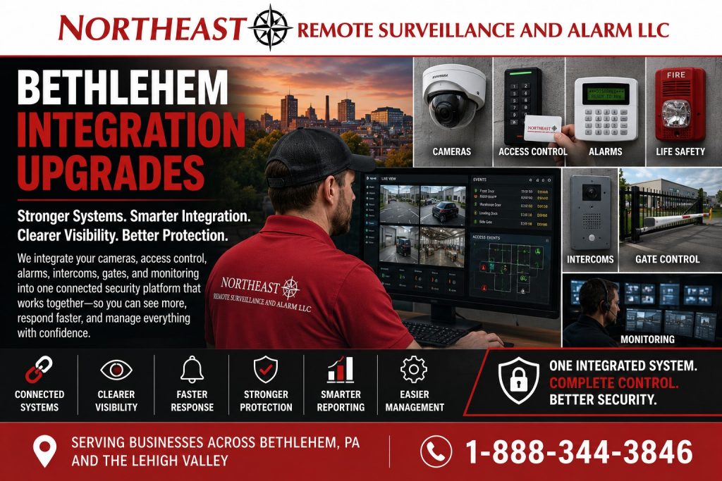 Bethlehem Security Integration Upgrades NERSA Bethlehem integration upgrades hero showing NERSA connecting cameras, access control, alarms, intercoms, gate control, monitoring, and life safety systems into one integrated commercial security platform for Bethlehem businesses.