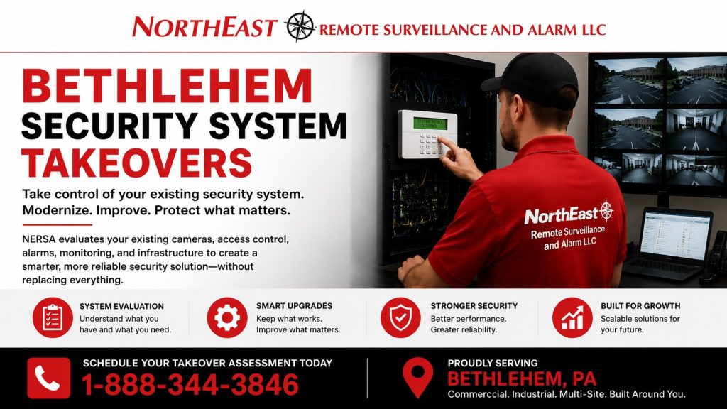 Bethlehem security system takeovers hero showing NERSA evaluating and modernizing existing commercial security systems with cameras, access control, alarm systems, monitoring, and infrastructure upgrades.