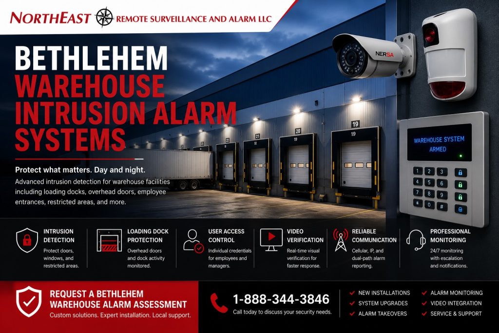 Bethlehem Warehouse Intrusion Alarm System NERSA Commercial intrusion alarm system protecting warehouse loading docks, overhead doors, employee entrances, and restricted storage areas in Bethlehem, PA.