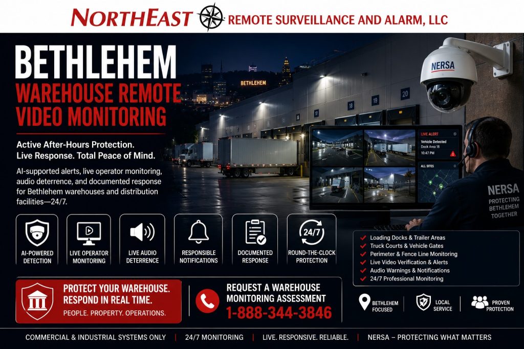 Bethlehem warehouse remote video monitoring with AI-supported camera alerts, live operator review, loading-dock monitoring, trailer-yard surveillance, gate and perimeter detection, audio warnings, responsible-party notification, and documented after-hours response by Northeast Remote Surveillance and Alarm, LLC.