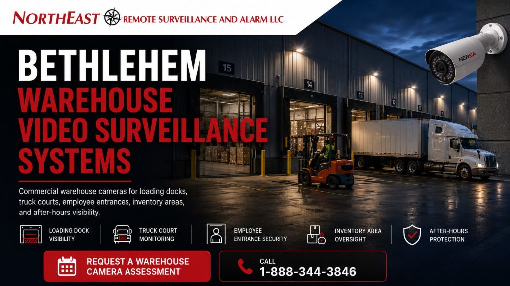 Warehouse video surveillance systems protecting loading docks, employee entrances, truck courts, inventory areas, and parking lots in Bethlehem, PA.