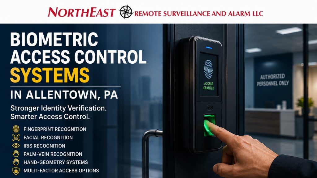 Biometric Access Control Systems NERSA Biometric access control systems in Allentown, PA showing fingerprint, facial, iris and palm-vein identity verification at a controlled commercial door by NERSA.