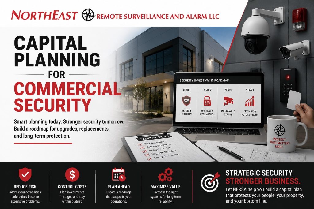 Capital Planning for Commercial Security NERSA Capital planning for commercial security hero showing NERSA strategic security investment planning with commercial building protection, security cameras, access control, upgrade roadmap, and long-term system lifecycle planning.