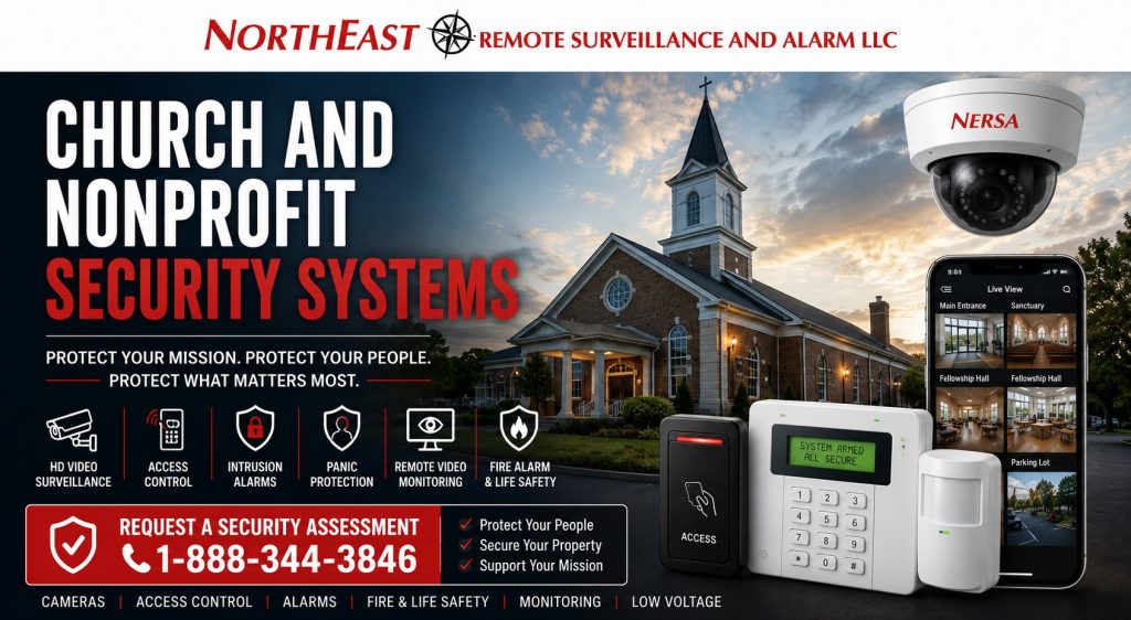Church and nonprofit security systems by Northeast Remote Surveillance and Alarm, LLC showing a church facility, security camera, access control reader, alarm keypad, motion detector, remote video monitoring, fire and life safety icons, and request a security assessment CTA.