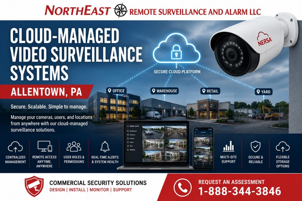 Cloud Managed Video Surveillance in Allentown PA NERSA Commercial security camera systems in Allentown, PA with video surveillance for offices, warehouses, parking areas, loading docks, remote access, recording, and multi-site management by Northeast Remote Surveillance and Alarm LLC.