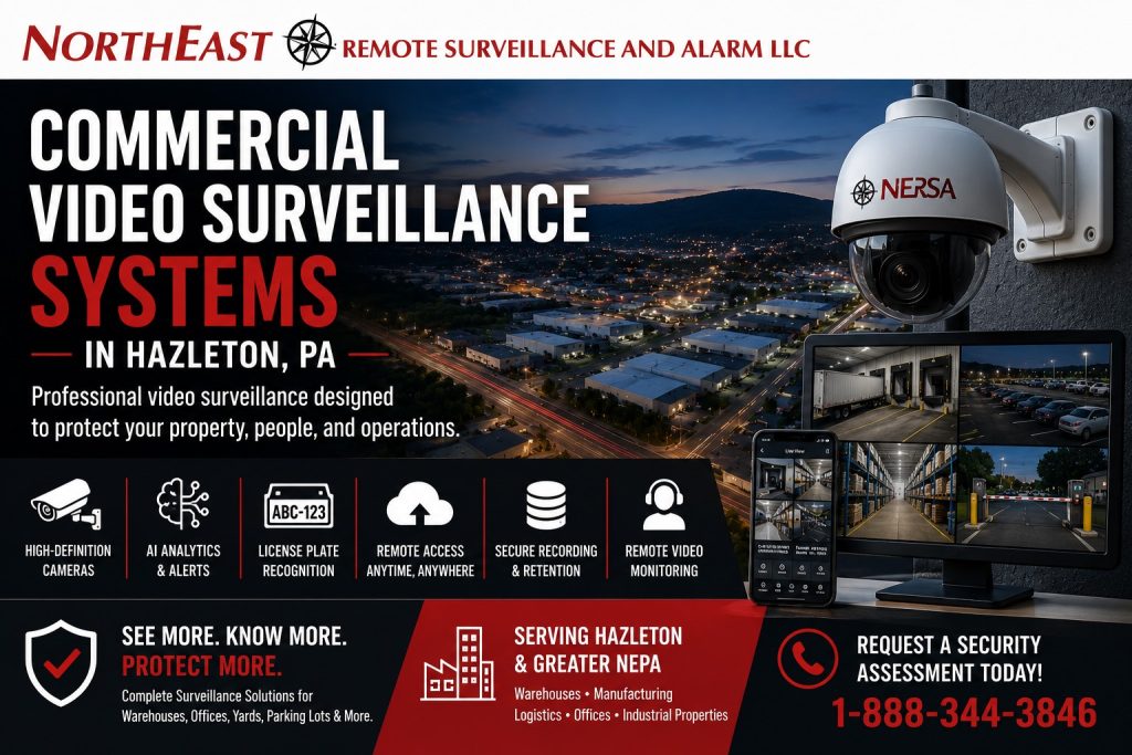 Comercial Video Surveillance Systems Hazelton PA NERSA Hazleton commercial video-surveillance system with warehouse cameras, loading-dock coverage, parking-area monitoring, LPR, remote access, and after-hours video review.