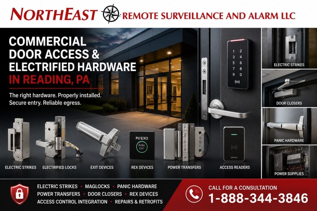 Commercial Access Control & Electrified Hardware in Reading PA NERSA Commercial electrified door hardware in Reading, PA, including electric strikes, access readers, panic hardware, door closers, and power supplies.