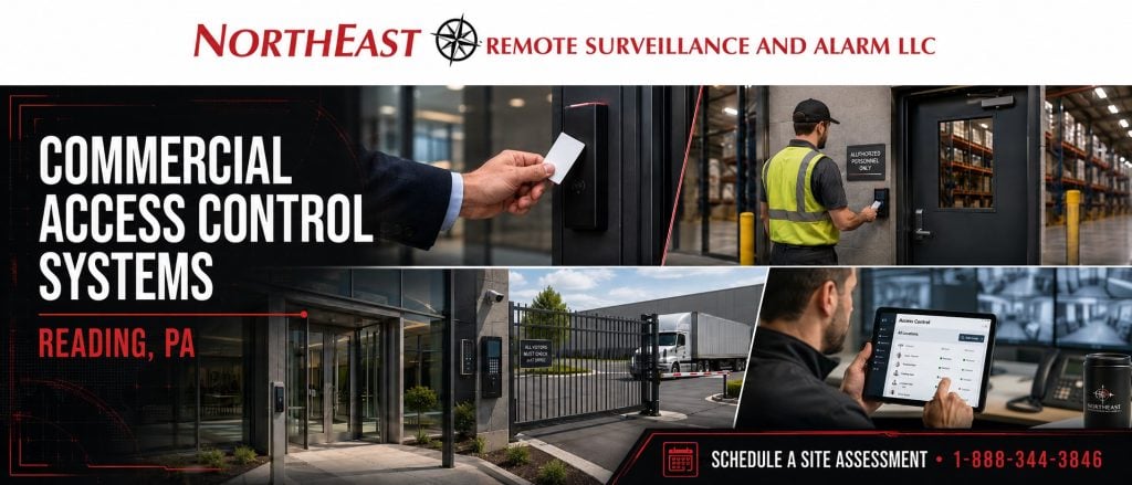 NERSA commercial access control systems in Reading, PA, showing keycard entry, secured warehouse doors, a gated truck entrance, and mobile system management.