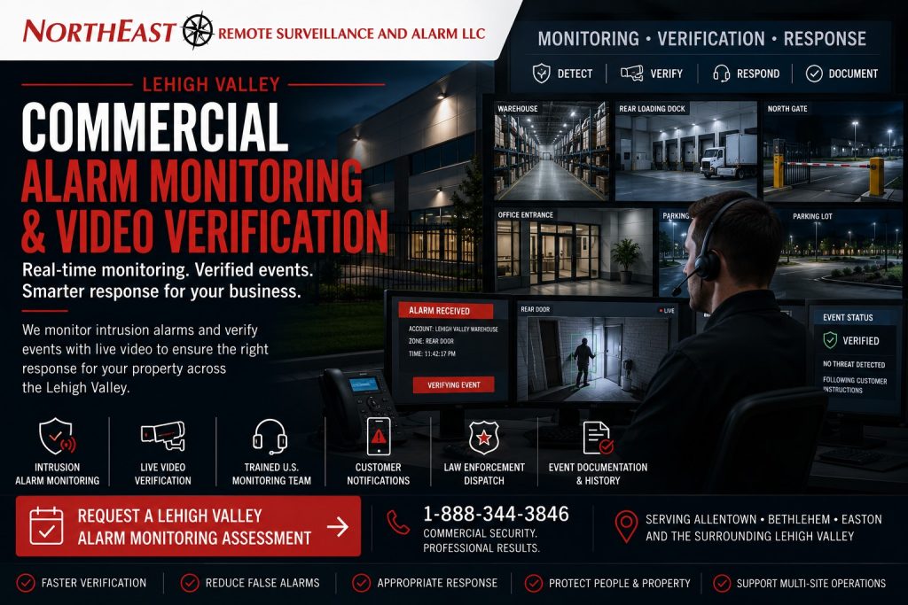 Commercial alarm monitoring and video verification for a Lehigh Valley warehouse, office or industrial property