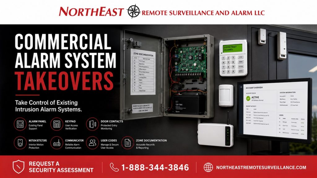 Commercial alarm system takeovers by Northeast Remote Surveillance and Alarm, LLC showing an existing commercial intrusion alarm panel, keypad, door contacts, motion detectors, alarm communicator, monitoring account review, user codes, zone documentation, and commercial-grade alarm takeover support.