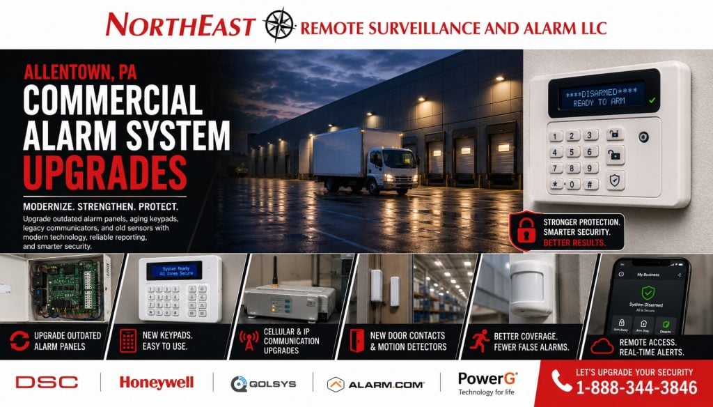 Commercial Alarm Systems Upgrades Allentown PA NERSA Commercial alarm system upgrades in Allentown, PA by Northeast Remote Surveillance and Alarm, LLC showing alarm panel modernization, keypad replacement, cellular communicator upgrades, door contacts, motion detection, warehouse intrusion protection, and after-hours commercial security.