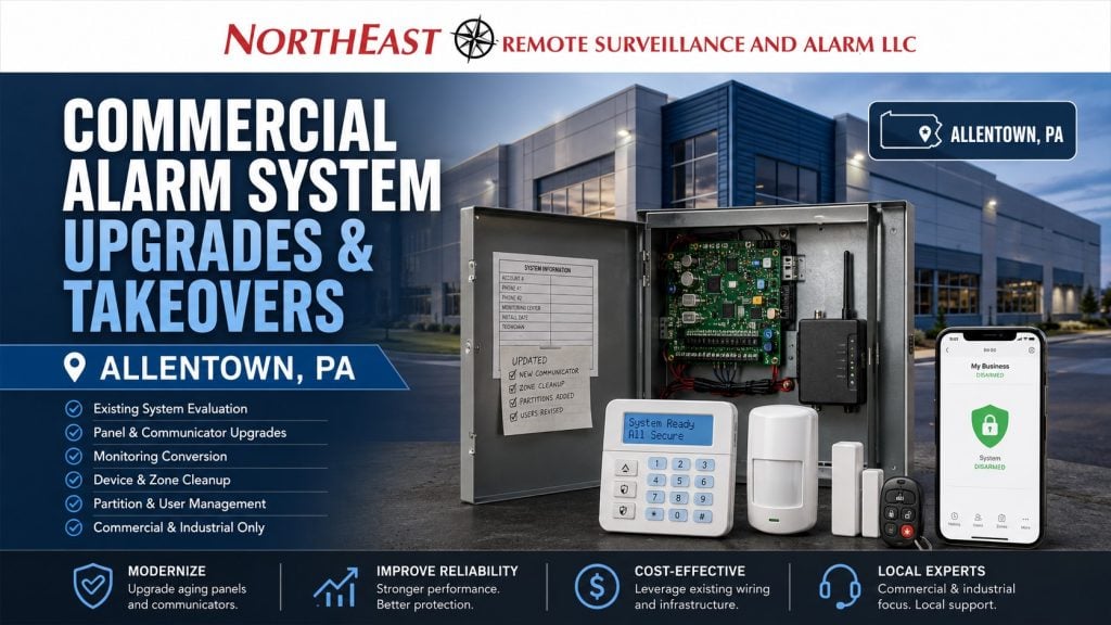 Commercial Alarm Systems Upgrades and Takeovers Allentown PA Commercial alarm system upgrades and takeovers in Allentown, PA showing an existing alarm panel, replacement communicator, keypad, door contacts, motion detector, system testing, and Northeast Remote Surveillance and Alarm, LLC branding.